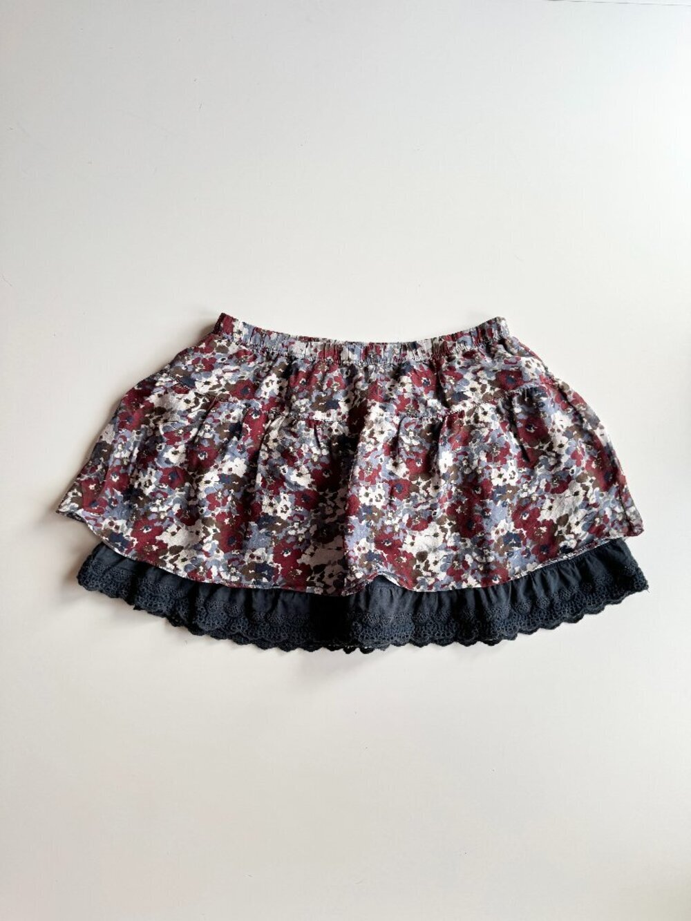 ABERCROMBIE & FITCH Y2K Maroon Navy Floral Silk Lace Eyelet Mini Skirt, Size S